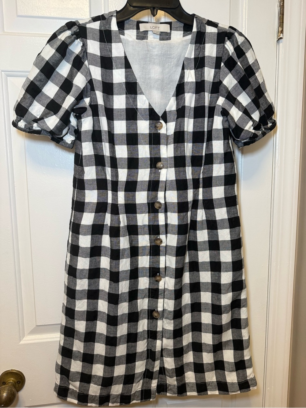 LOFT Shirt Dress Sz 2 Gingham Plaid Linen Black White V Nck Puff Sleeve Workwear